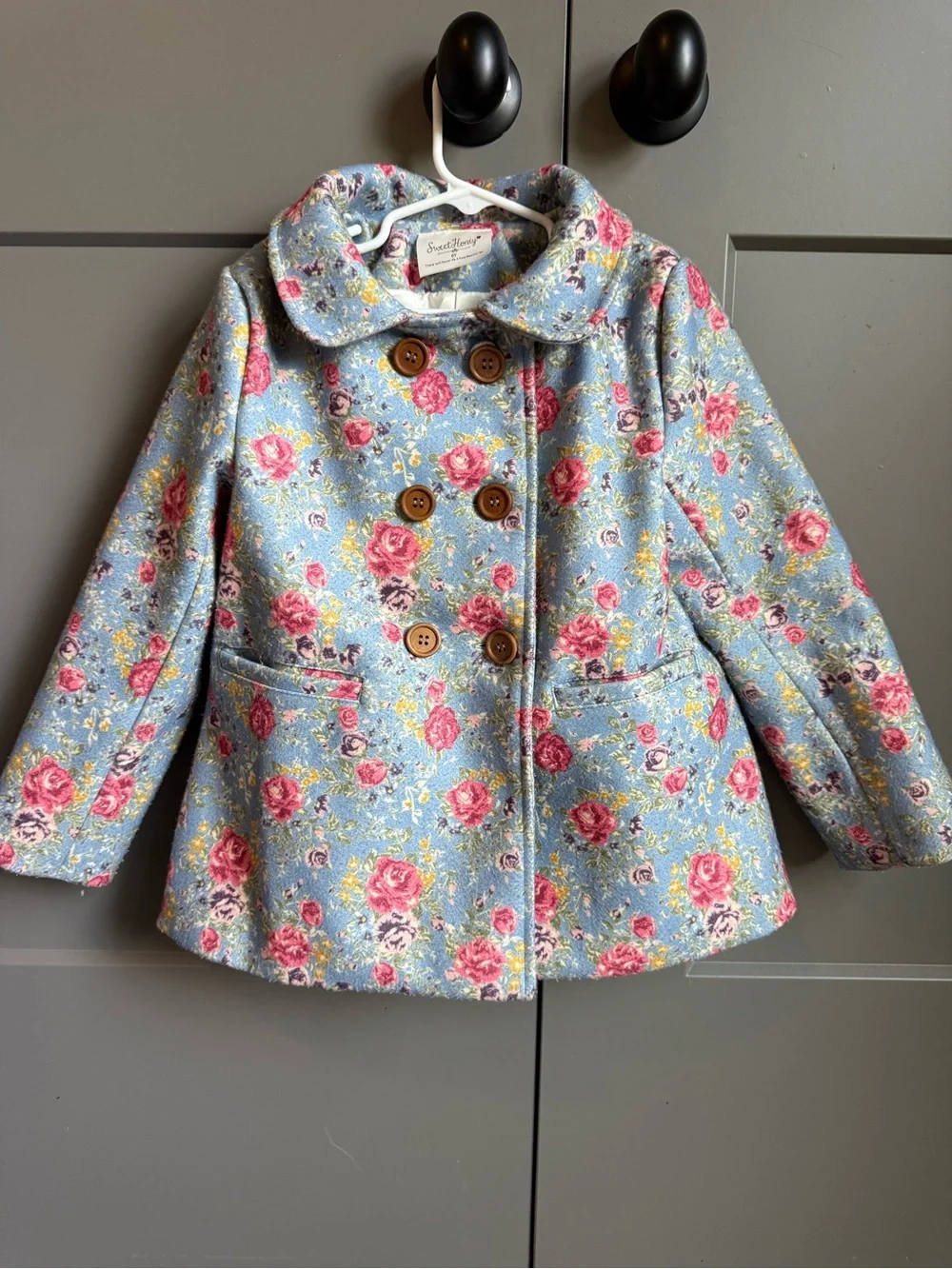 SweetHoney Girls Dusty Blue Rose Floral Peacoat Coat Size 6Y